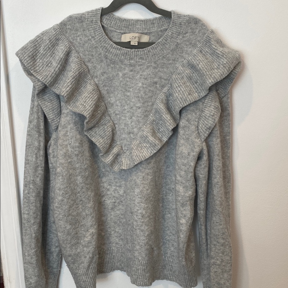 LOFT Gray Crew Neck Sweater with Ruffle Details
